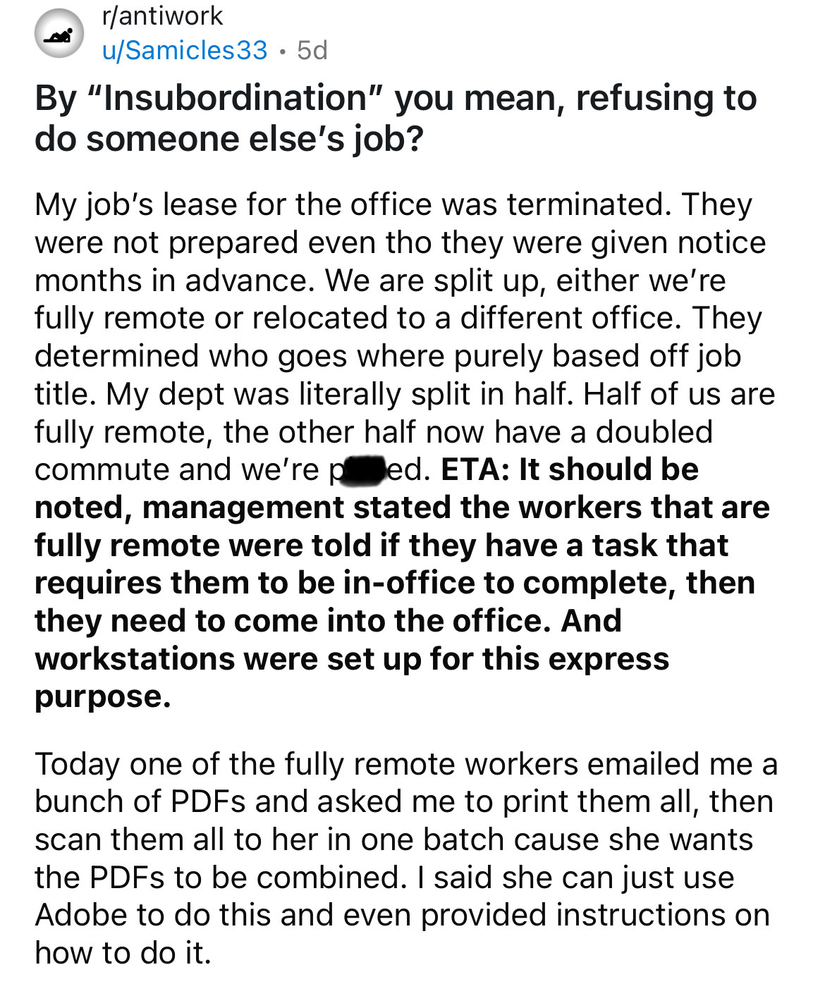 document - rantiwork uSamicles33.5d By "Insubordination" you mean, refusing to do someone else's job? My job's lease for the office was terminated. They were not prepared even tho they were given notice months in advance. We are split up, either we're ful