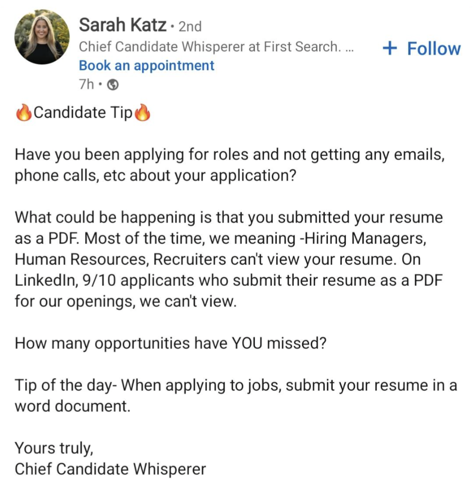 document - Sarah Katz 2nd Chief Candidate Whisperer at First Search.... Book an appointment 7h Candidate Tip Have you been applying for roles and not getting any emails, phone calls, etc about your application? What could be happening is that you submitte