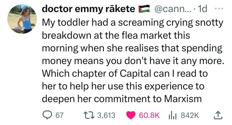 screenshot - doctor emmy rakete .... 1d My toddler had a screaming crying snotty breakdown at the flea market this morning when she realises that spending money means you don't have it any more. Which chapter of Capital can I read to her to help her use t