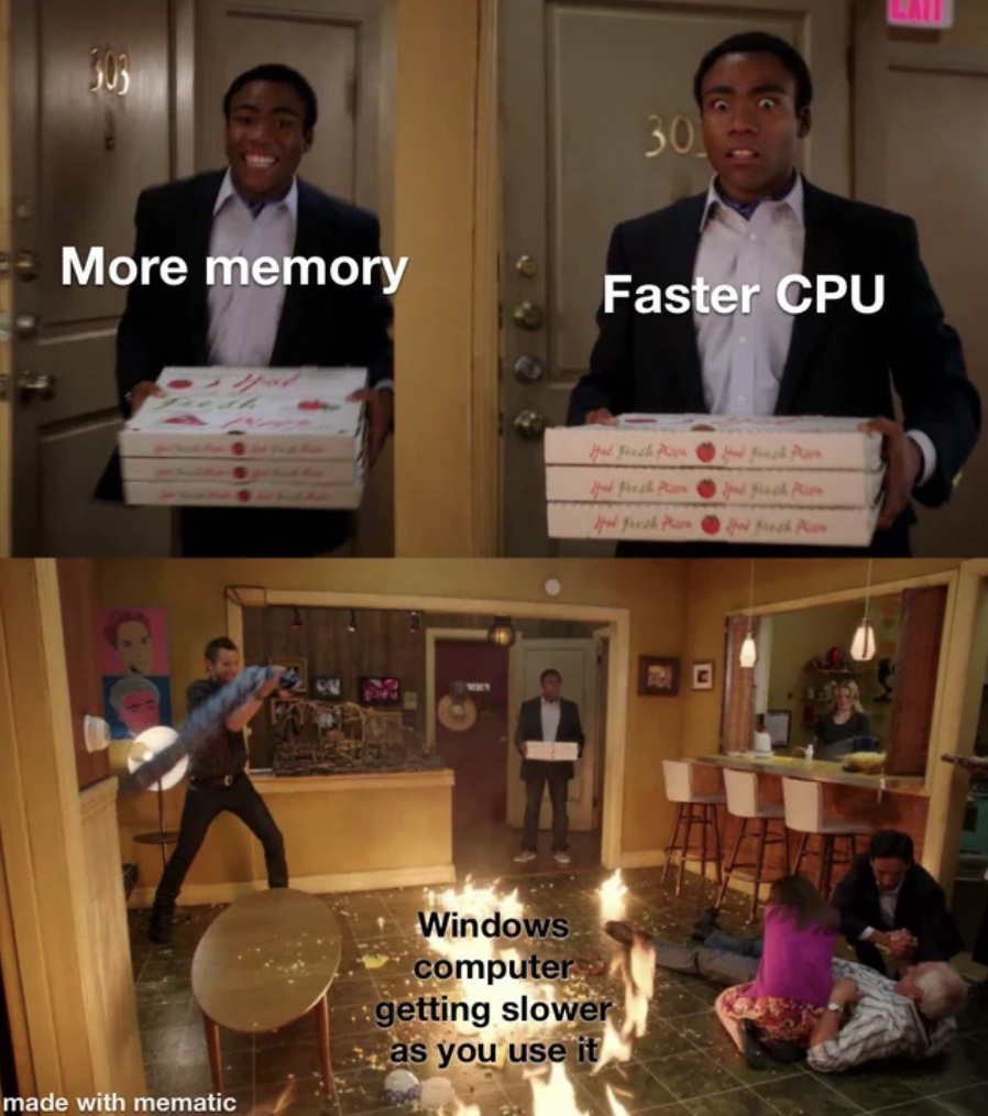 guy walking in with pizza meme - More memory made with mematic Windows computer getting slower as you use it 30 Faster Cpu