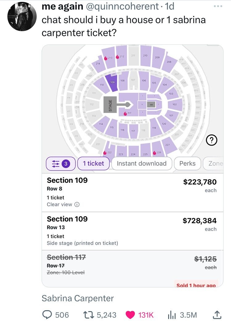 screenshot - me again . 1d chat should i buy a house or 1 sabrina carpenter ticket? 215 214 111 112 220 113 213 212 211 210 209 208 109 108 107 106 105 104 110 s Pit 103 201 102 101 114 120 115 119 116 117 118 221 227 222 223 224 225 226 1 ticket Section 