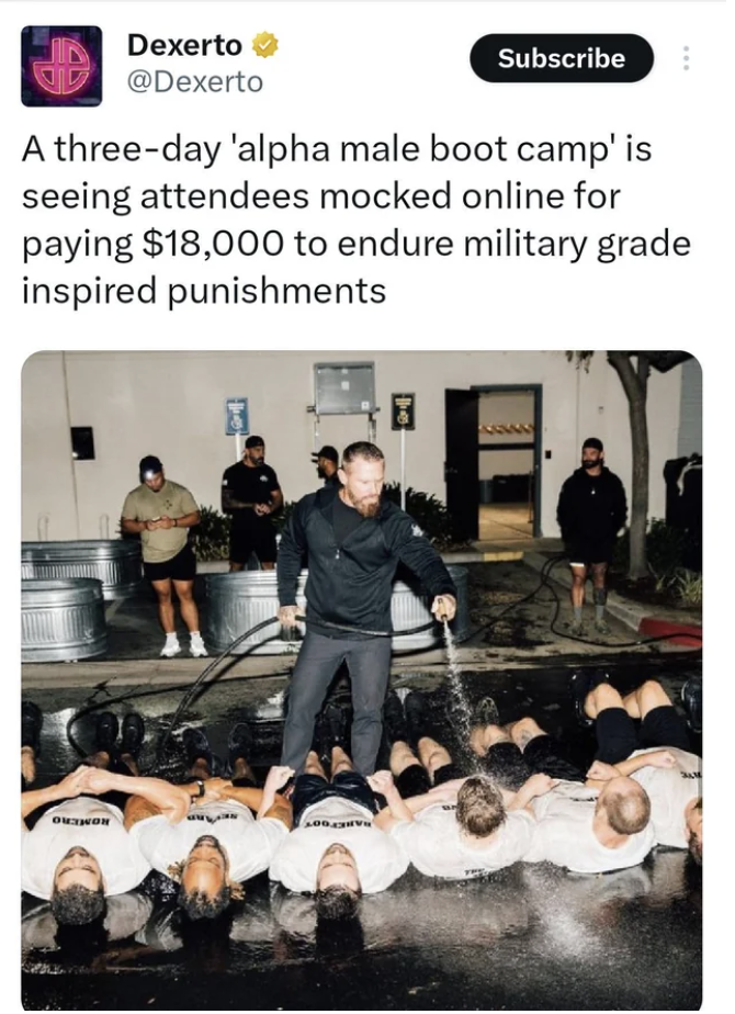 alpha male camp meme - Dexerto Subscribe A threeday 'alpha male boot camp' is seeing attendees mocked online for paying $18,000 to endure military grade inspired punishments B