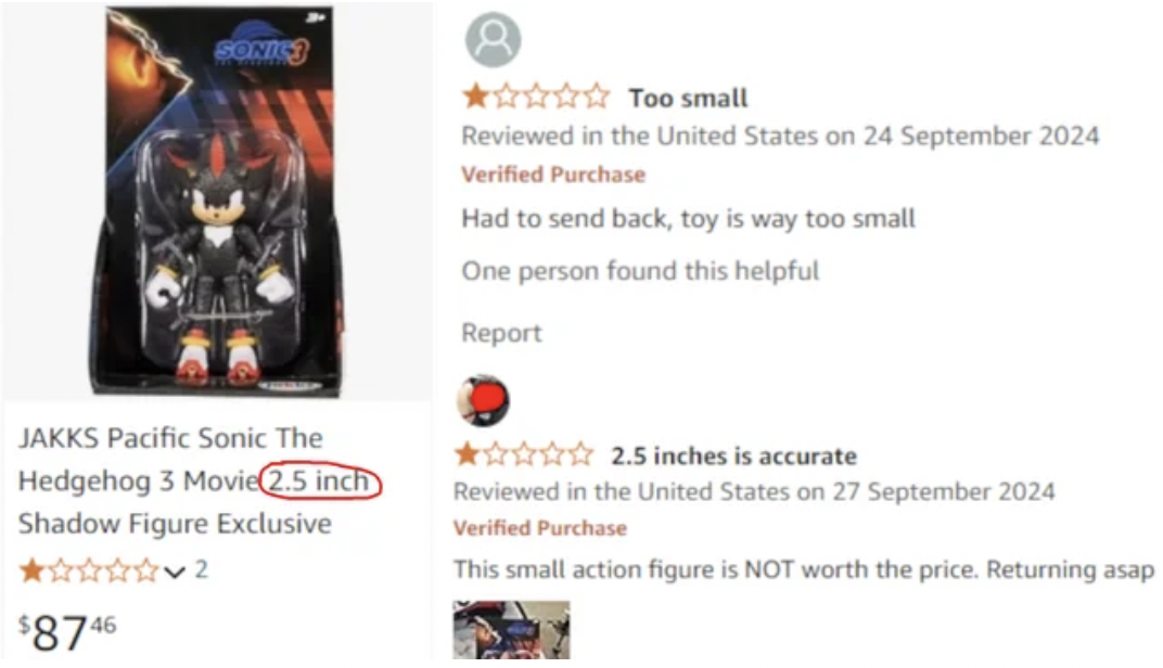 screenshot - Sonic Too small Reviewed in the United States on Verified Purchase Had to send back, toy is way too small One person found this helpful Report Jakks Pacific Sonic The Hedgehog 3 Movie 2.5 inch Shadow Figure Exclusive 2 $8746 2.5 inches is acc