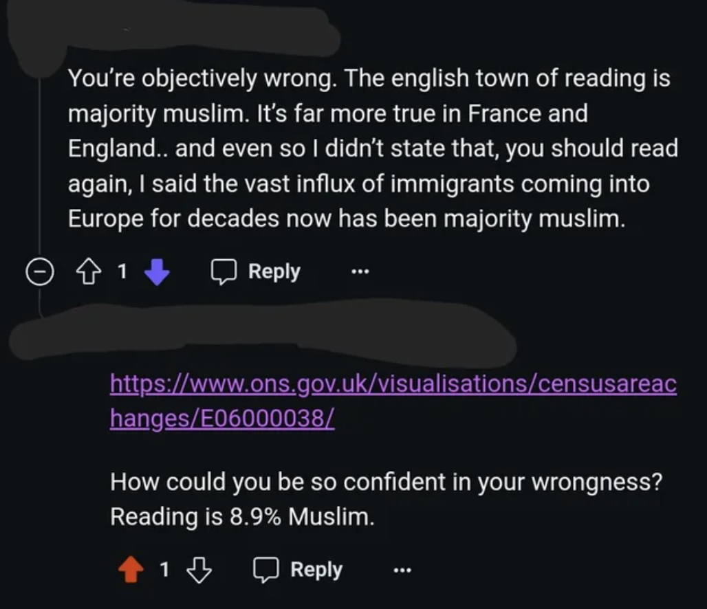 screenshot - You're objectively wrong. The english town of reading is majority muslim. It's far more true in France and England.. and even so I didn't state that, you should read again, I said the vast influx of immigrants coming into Europe for decades n