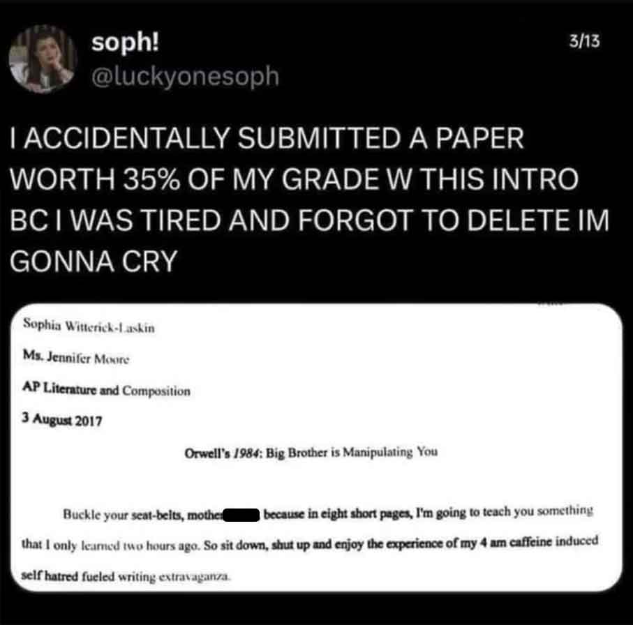 screenshot - soph! I Accidentally Submitted A Paper 313 Worth 35% Of My Grade W This Intro Bc I Was Tired And Forgot To Delete Im Gonna Cry Sophia WitterickLaskin Ms. Jennifer Moore Ap Literature and Composition Orwell's 1984 Big Brother is Manipulating Y