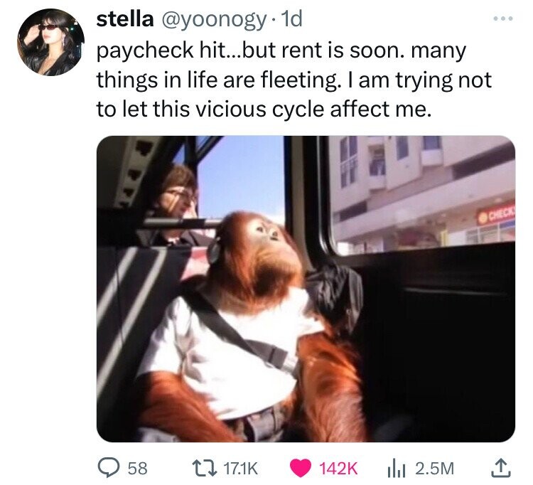 stella . 1d paycheck hit...but rent is soon. many things in life are fleeting. I am trying not to let this vicious cycle affect me. Check > 58 ili 2.5M