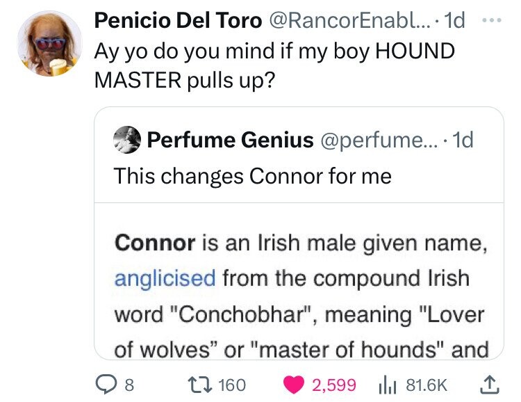 screenshot - Penicio Del Toro .... 1d Ay yo do you mind if my boy Hound Master pulls up? Perfume Genius .... 1d This changes Connor for me Connor is an Irish male given name, anglicised from the compound Irish word "Conchobhar", meaning "Lover of wolves" 