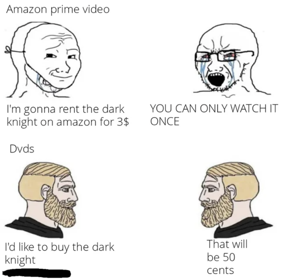 cartoon - Amazon prime video I'm gonna rent the dark knight on amazon for 3$ You Can Only Watch It Once Dvds I'd to buy the dark knight That will be 50 cents