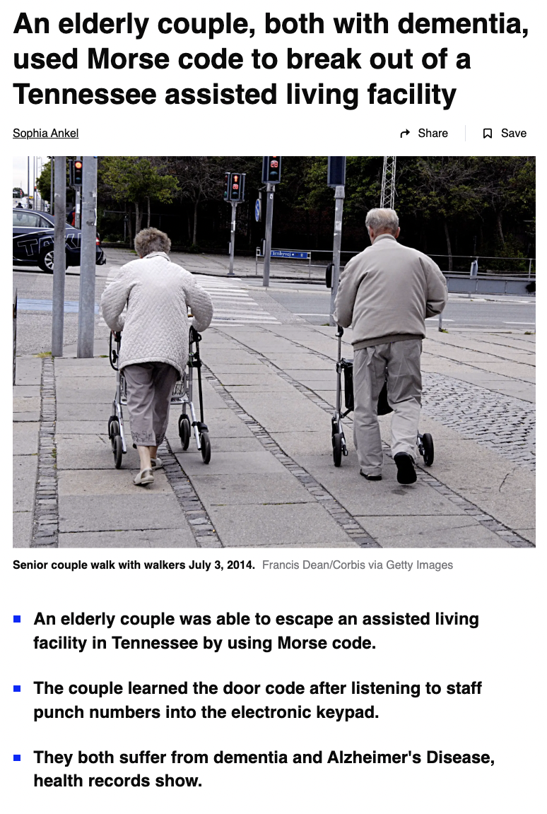 photo caption - An elderly couple, both with dementia, used Morse code to break out of a Tennessee assisted living facility Sophia Ankel Save Senior couple walk with walkers . Francis DeanCorbis via Getty Images An elderly couple was able to escape an ass