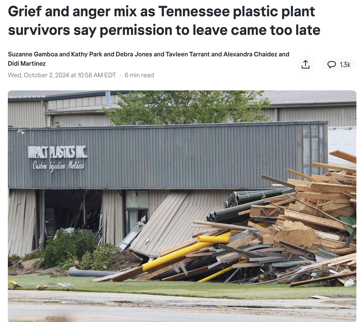 tree - Grief and anger mix as Tennessee plastic plant survivors say permission to leave came too late Suzanne Gamboa and Kathy Park and Debra Jones and Tavleen Tarrant and Alexandra Chaidez and Didi Martinez Wed, at Edt 6 min read Impact Plastics Inc Cast