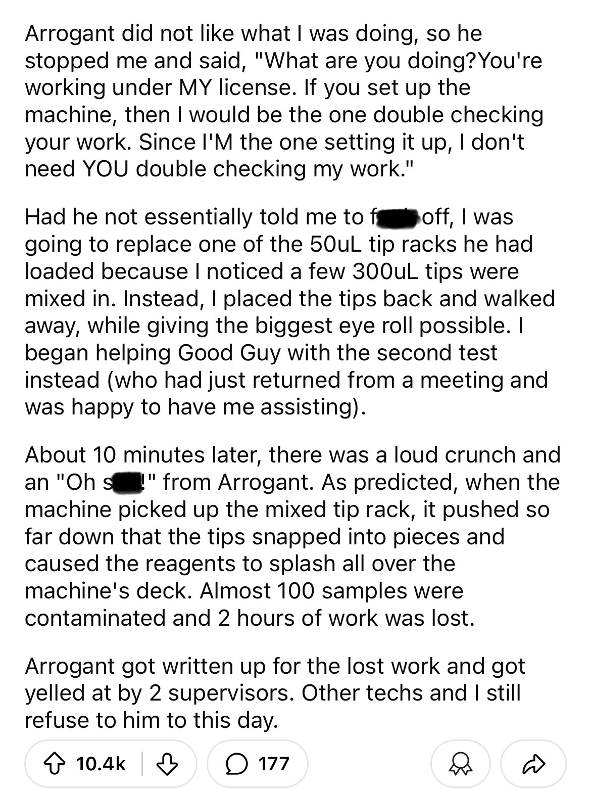 document - Arrogant did not what I was doing, so he stopped me and said, "What are you doing? You're working under My license. If you set up the machine, then I would be the one double checking your work. Since I'M the one setting it up, I don't need You 