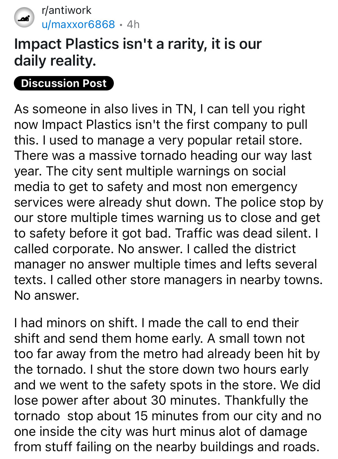 document - rantiwork umaxxor6868 4h Impact Plastics isn't a rarity, it is our daily reality. Discussion Post As someone in also lives in Tn, I can tell you right now Impact Plastics isn't the first company to pull this. I used to manage a very popular ret