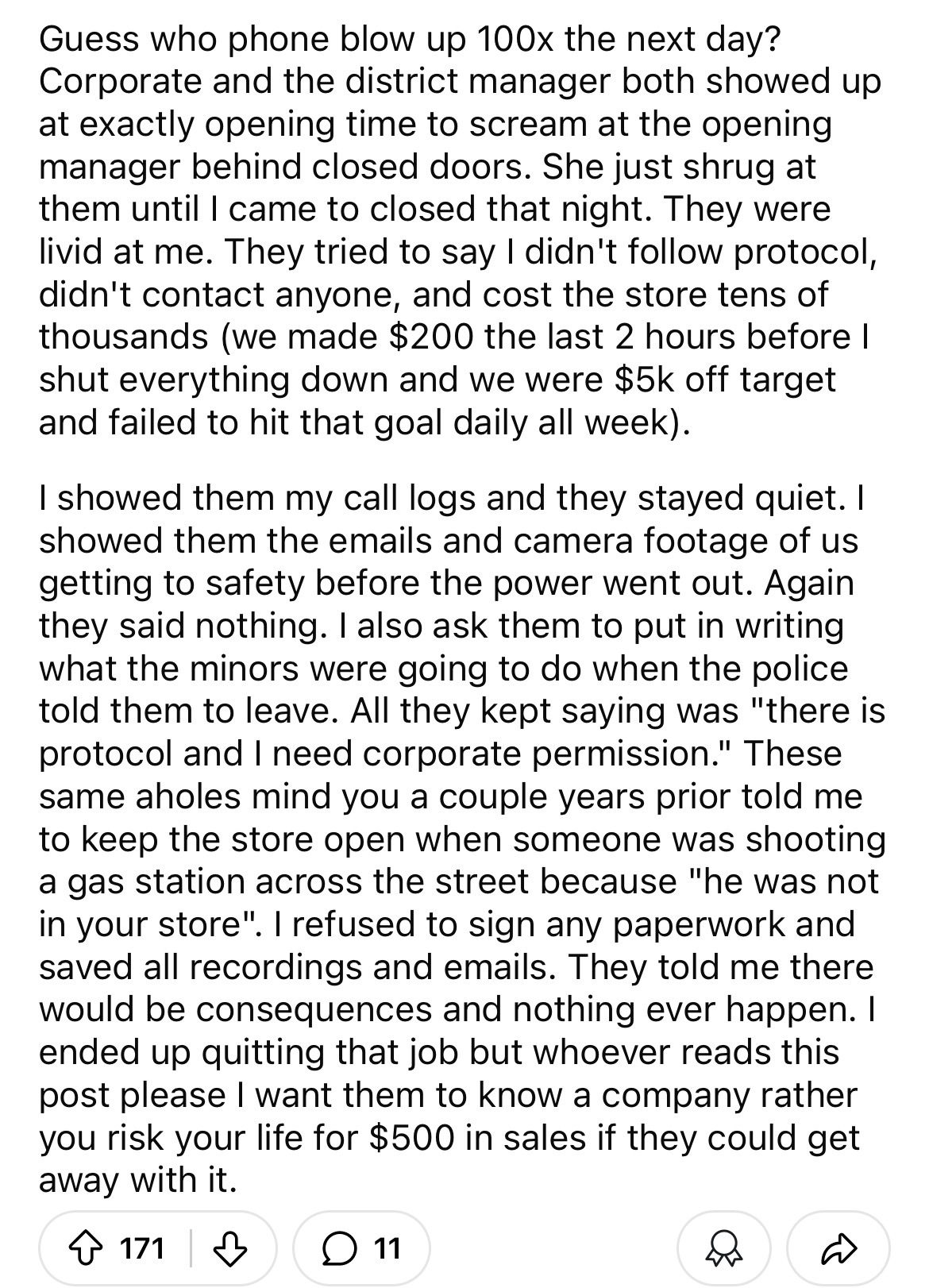 document - Guess who phone blow up 100x the next day? Corporate and the district manager both showed up at exactly opening time to scream at the opening manager behind closed doors. She just shrug at them until I came to closed that night. They were livid