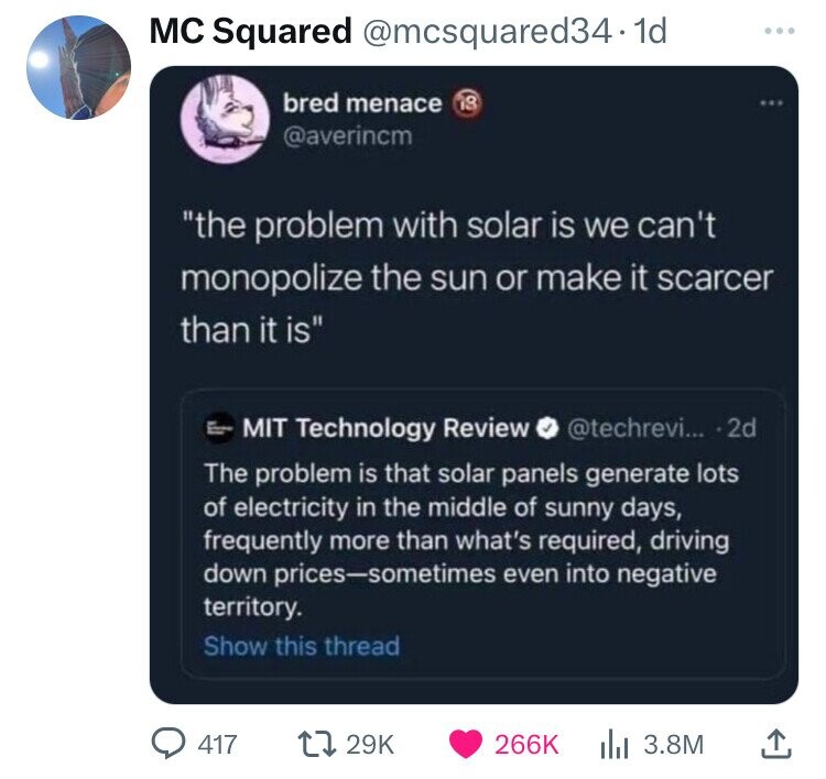 screenshot - Mc Squared . 1d bred menace "the problem with solar is we can't monopolize the sun or make it scarcer than it is" EMit Technology Review .... 2d The problem is that solar panels generate lots of electricity in the middle of sunny days, freque