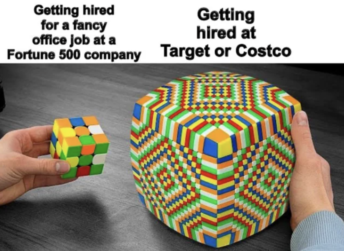 Getting hired for a fancy office job at a Fortune 500 company Getting hired at Target or Costco