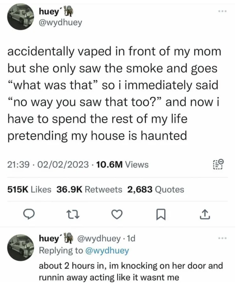 screenshot - huey' accidentally vaped in front of my mom but she only saw the smoke and goes "what was that" so i immediately said "no way you saw that too?" and now i have to spend the rest of my life pretending my house is haunted 02022023.10.6M Views 2