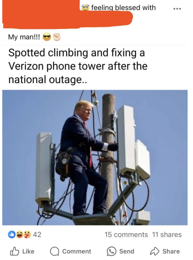 photo caption - feeling blessed with My man!!! Spotted climbing and fixing a Verizon phone tower after the national outage.. 42 Comment 15 11 Send