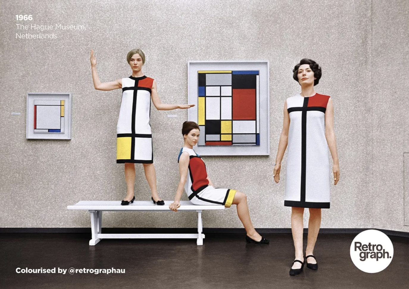 ysl mondrian - 1966 The Hague Museum Netherlands Retro, graph. Colourised by