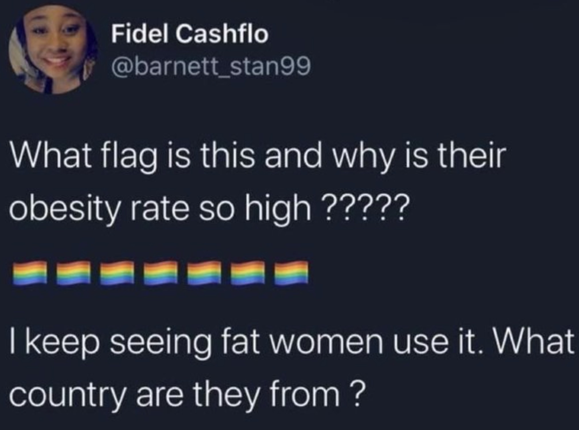 media - Fidel Cashflo What flag is this and why is their obesity rate so high ????? I keep seeing fat women use it. What country are they from?