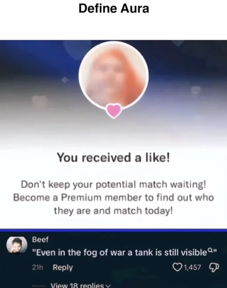 screenshot - Define Aura You received a ! Don't keep your potential match waiting! Become a Premium member to find out who they are and match today! Beef "Even in the fog of war a tank is still visibleQ" 21h View 18 replies 1,457