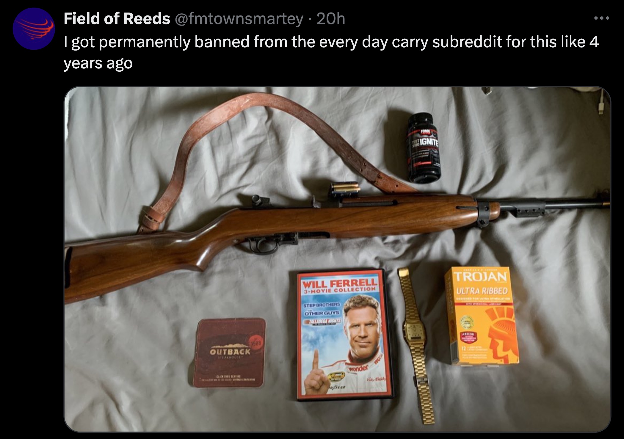 assault rifle - Field of Reeds 20h I got permanently banned from the every day carry subreddit for this 4 years ago Outback Will Ferrell 3Movie Collection Stap Spothe Ignt Trojan Ultra Ribbed