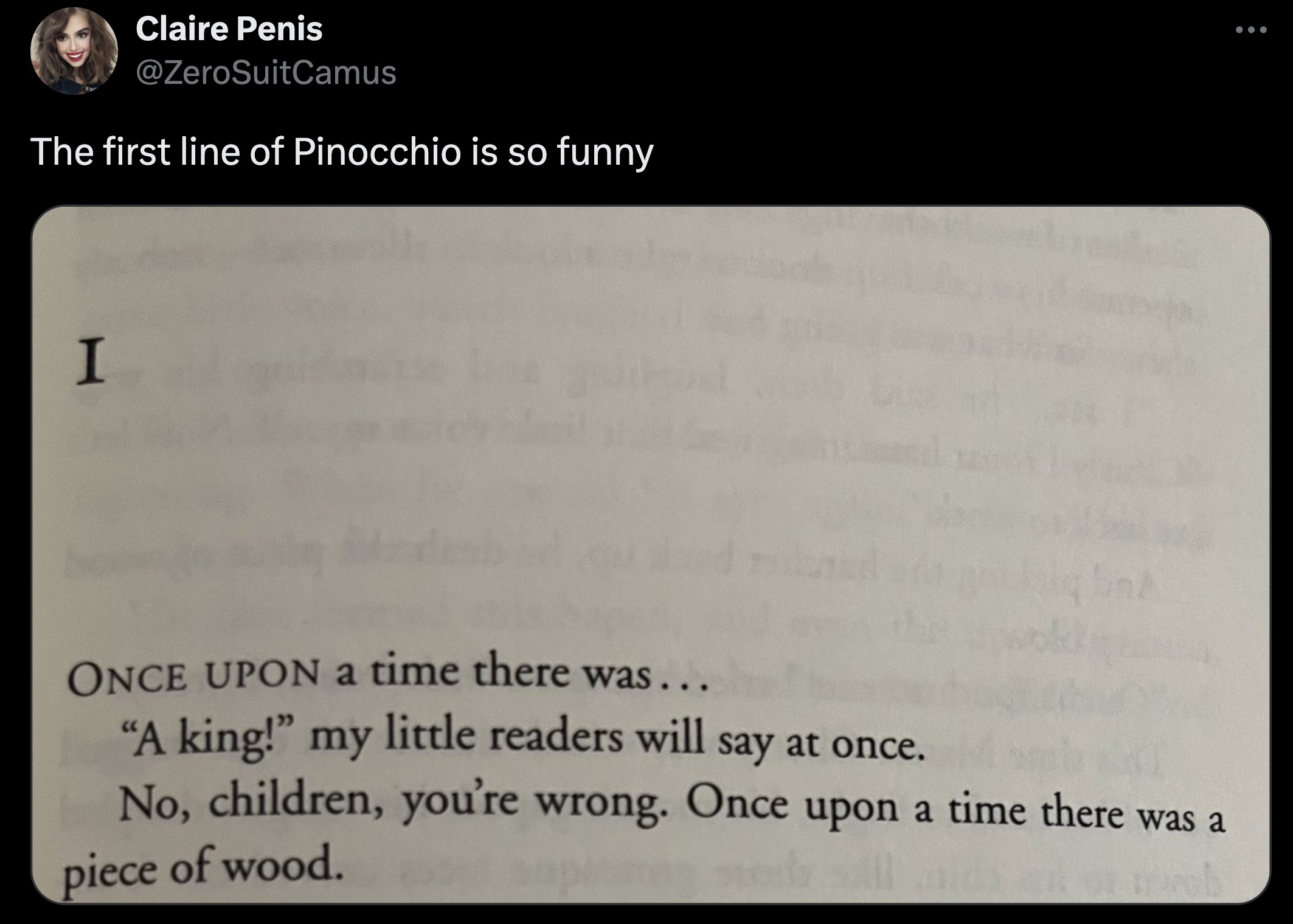 screenshot - Claire Penis The first line of Pinocchio is so funny I A Once Upon a time there was... "A king!" my little readers will say at once. No, children, you're wrong. Once upon a time there was a piece of wood.