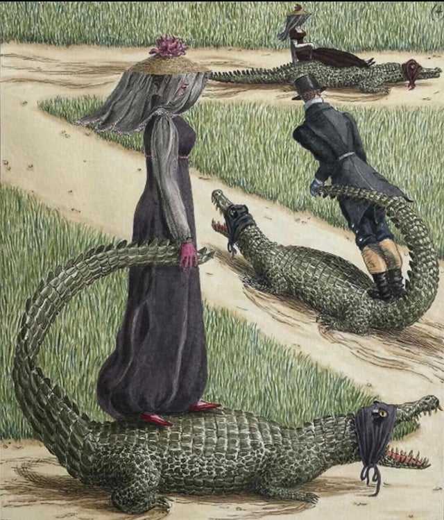 people riding alligators painting