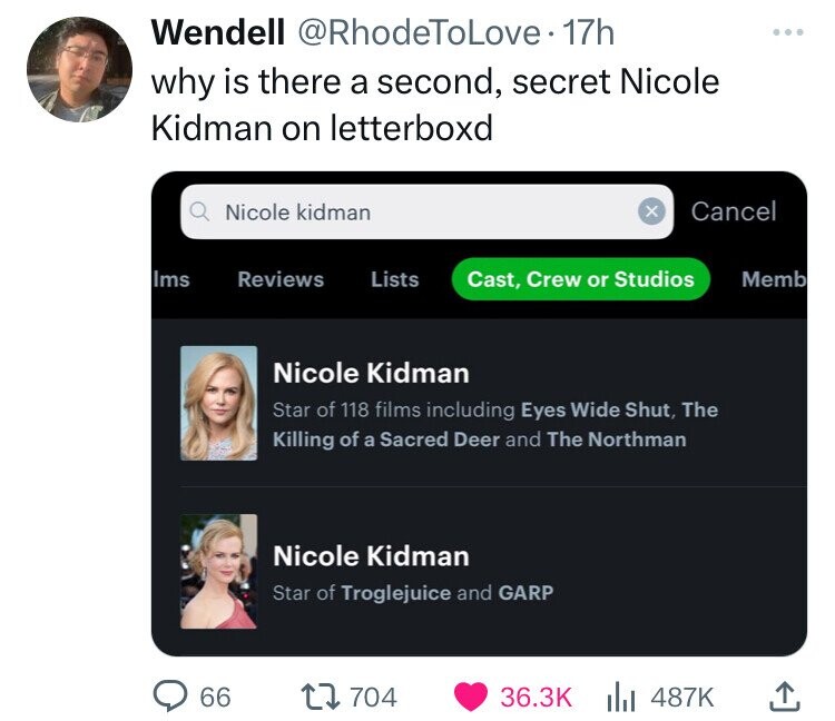 screenshot - Wendell 17h why is there a second, secret Nicole Kidman on letterboxd QNicole kidman Cancel Ims Reviews Lists Cast, Crew or Studios Memb Nicole Kidman Star of 118 films including Eyes Wide Shut, The Killing of a Sacred Deer and The Northman N