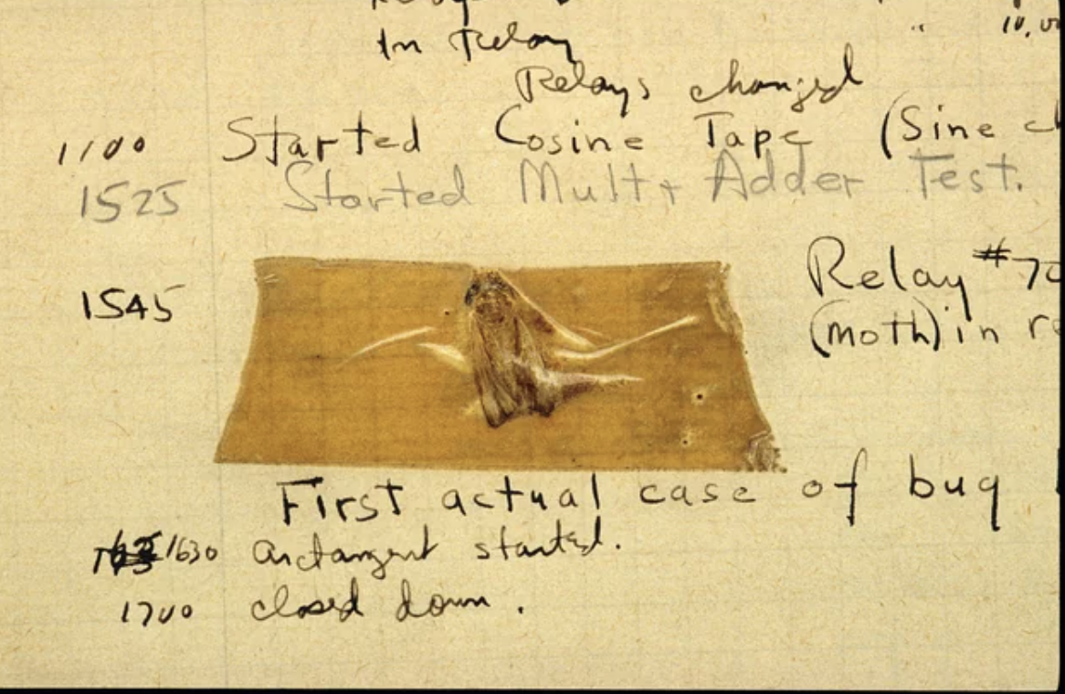 document - 1100 1525 1545 Im Relays changed Started Cosine Tape Sine c Started Mult Adder Test. First actual case 163 1630 anctangent started. closed down. 1700 Relay moth in r of bug