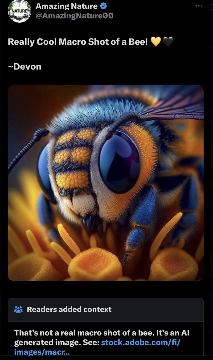 screenshot - Nature Amazing Nature Really Cool Macro Shot of a Bee! ~Devon Readers added context That's not a real macro shot of a bee. It's an Al generated image. See stock.adobe.comfi imagesmacr...