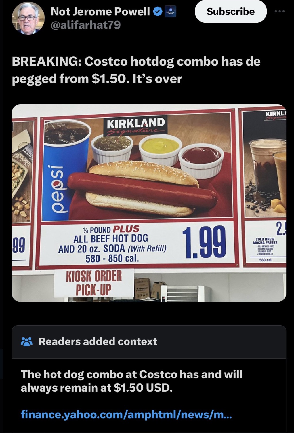 bread - Not Jerome Powell Subscribe Breaking Costco hotdog combo has de pegged from $1.50. It's over pepsi Kirkland nature 99 14 Pound Plus All Beef Hot Dog And 20 oz. Soda With Refill 580850 cal. Kiosk Order PickUp 1.99 Cold Brew Mocha Freeze Premium Cho