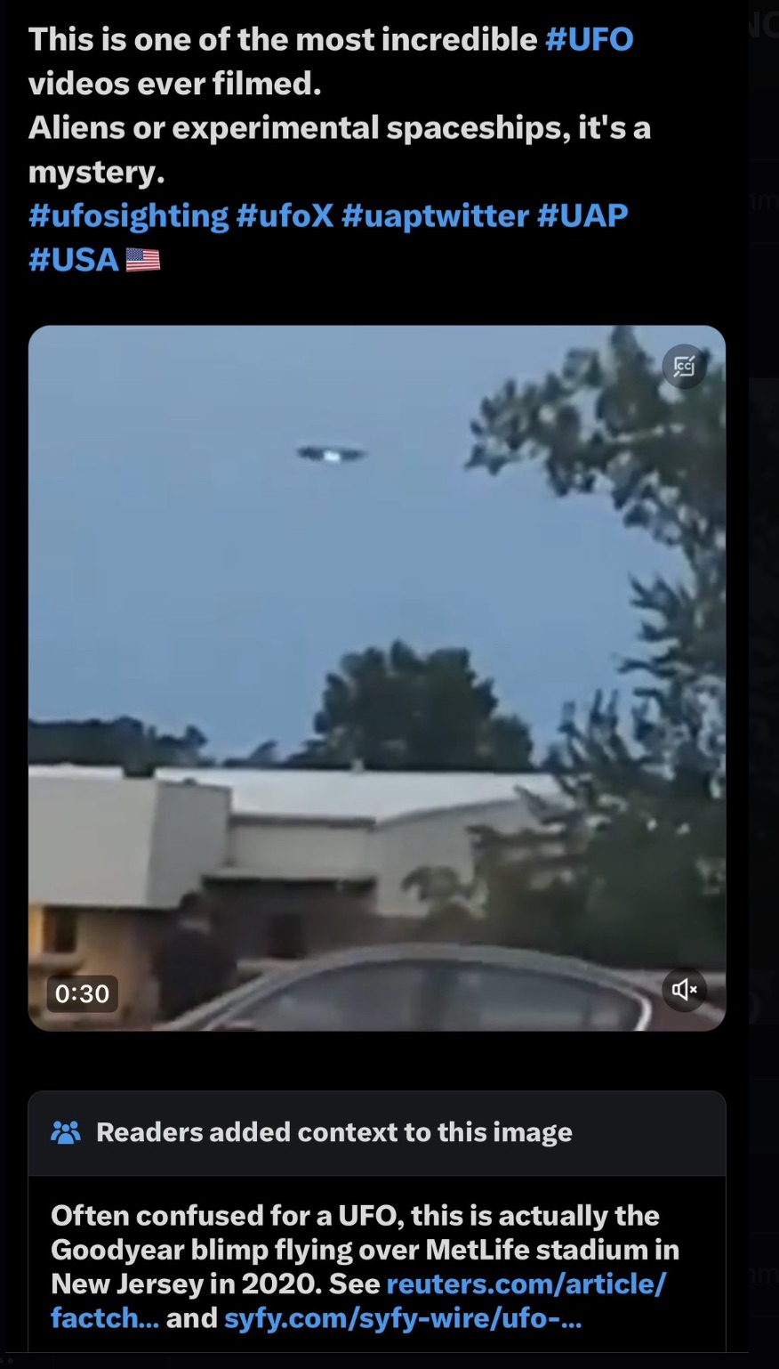 Unidentified flying object - This is one of the most incredible videos ever filmed. Aliens or experimental spaceships, it's a mystery. Nc m Readers added context to this image Often confused for a Ufo, this is actually the Goodyear blimp flying over MetLi