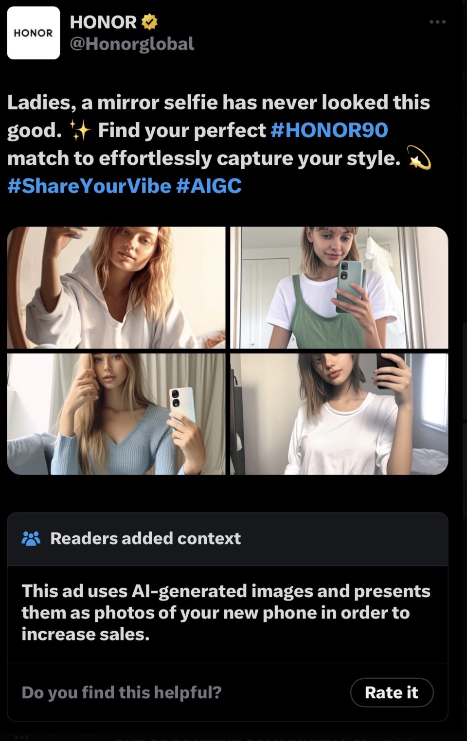 screenshot - Honor Honor> Ladies, a mirror selfie has never looked this Find your perfect good. match to effortlessly capture your style. Readers added context This ad uses Algenerated images and presents them as photos of your new phone in order to incre