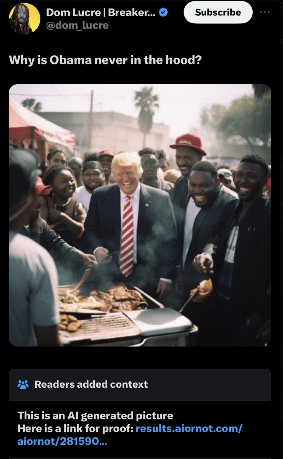 trump bronx ai - Dom Lucre | Breaker... Subscribe Why is Obama never in the hood? Readers added context This is an Al generated picture Here is a link for proof results.aiornot.com aiornot281590...