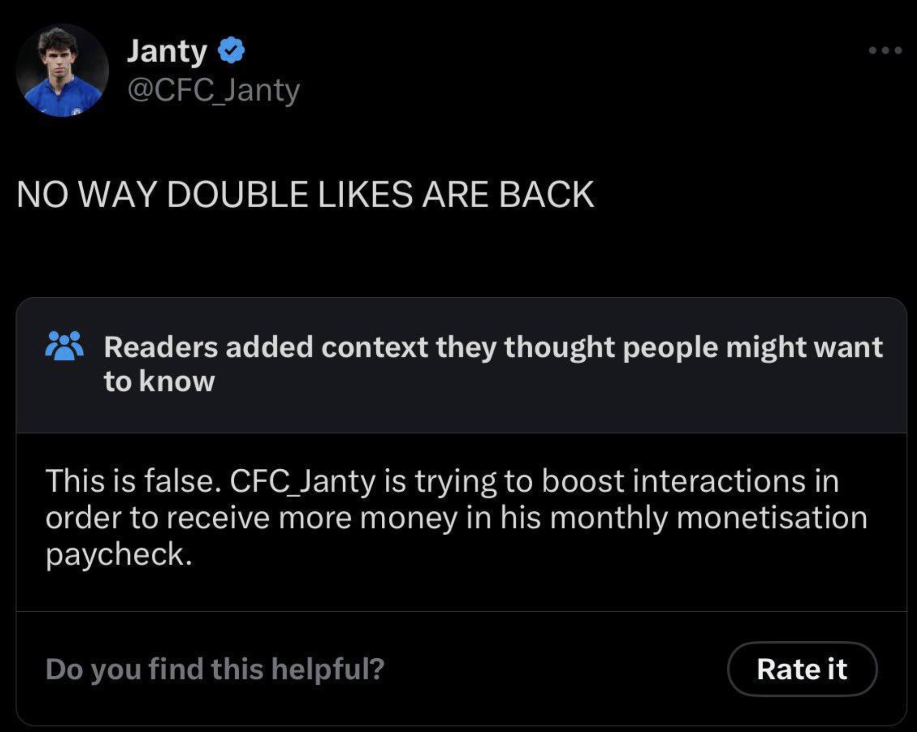 screenshot - Janty No Way Double Are Back Readers added context they thought people might want to know This is false. CFC_Janty is trying to boost interactions in order to receive more money in his monthly monetisation paycheck. Do you find this helpful? 