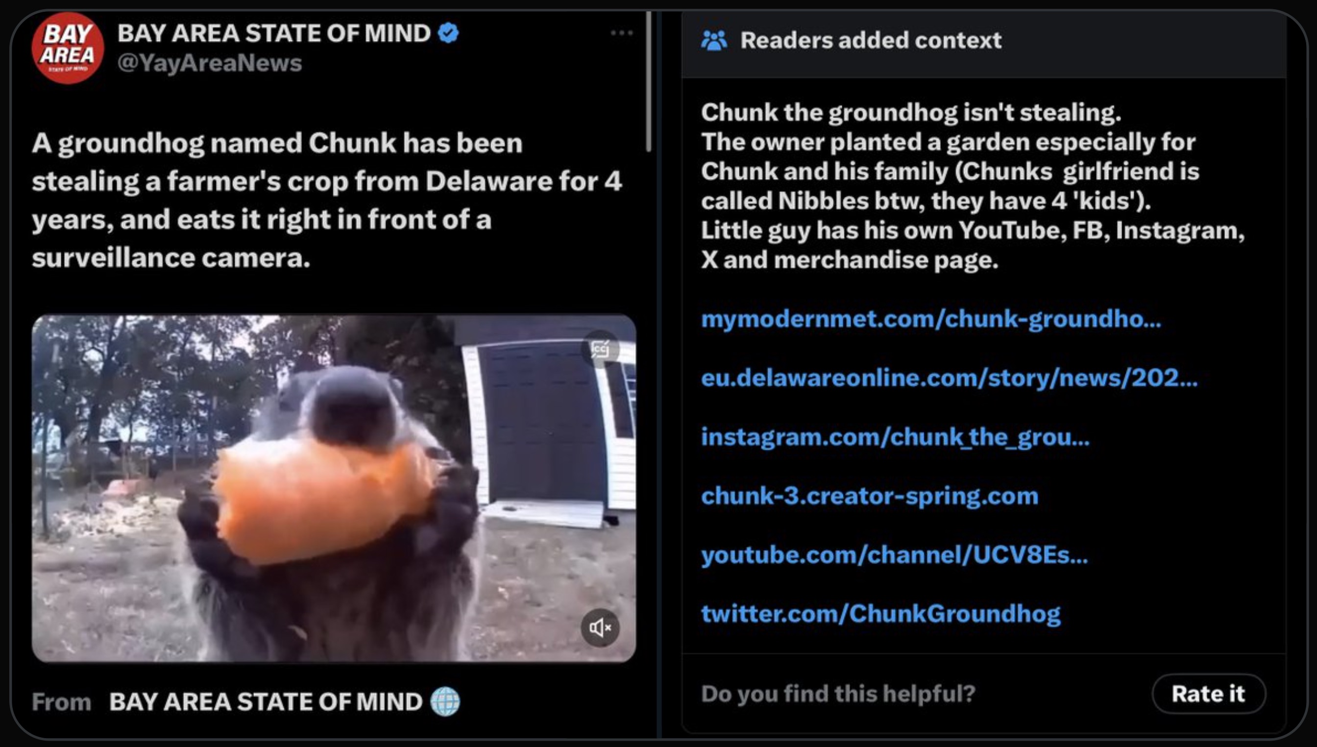 screenshot - Bay Bay Area State Of Mind Area A groundhog named Chunk has been stealing a farmer's crop from Delaware for 4 years, and eats it right in front of a surveillance camera. Readers added context Chunk the groundhog isn't stealing. The owner plan