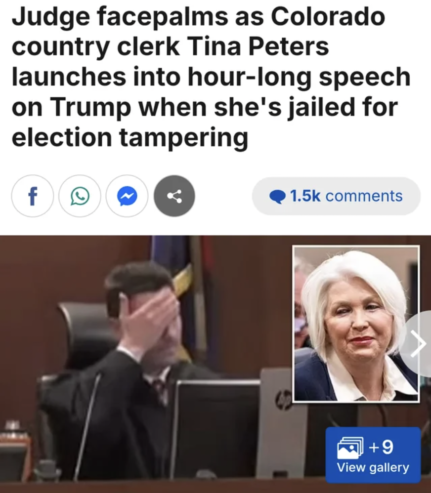 screenshot - Judge facepalms as Colorado country clerk Tina Peters launches into hourlong speech on Trump when she's jailed for election tampering f 9 View gallery