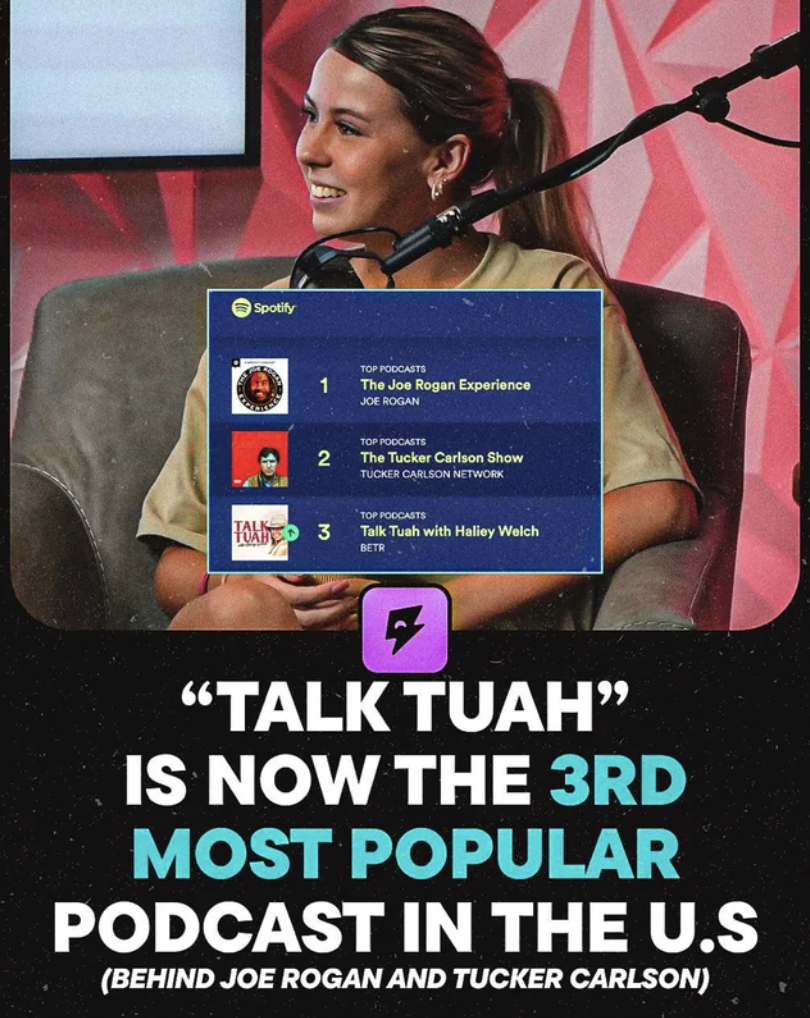 Podcast - Spotify The Joe Rogan Experience Joe Rogan The Tucker Carlson Show 3 Tak Tush with Halley Welch Beth "Talk Tuah" Is Now The 3RD Most Popular Podcast In The U.S Behind Joe Rogan And Tucker Carlson