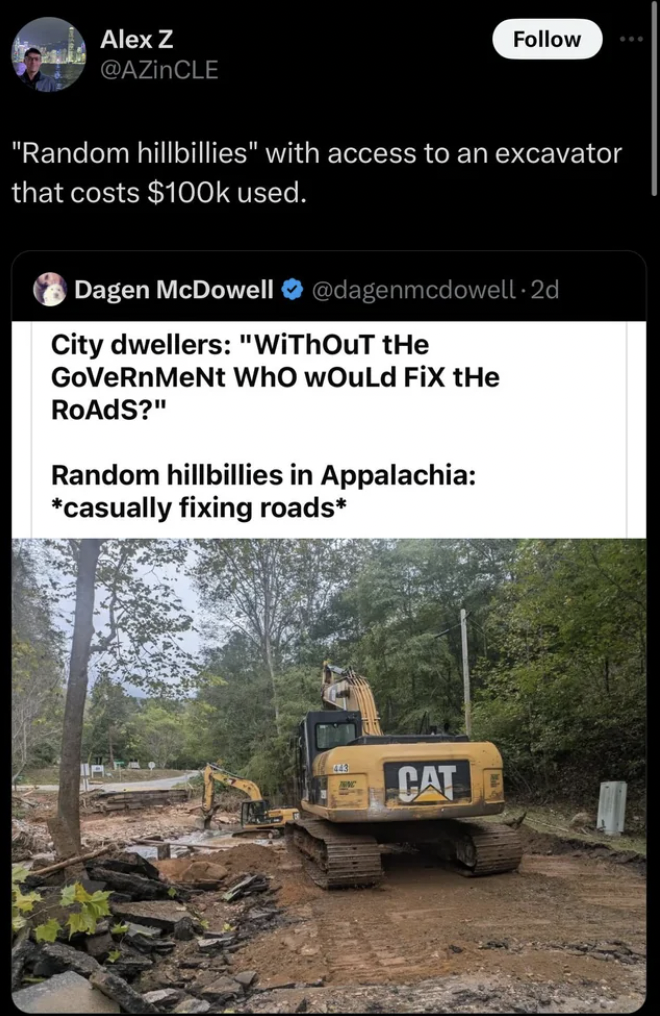 screenshot - Alex Z "Random hillbillies" with access to an excavator that costs $ used. Dagen McDowell City dwellers "Without the GoVeRnMeNt Who Would Fix tHe Roads?" Random hillbillies in Appalachia casually fixing roads Cat