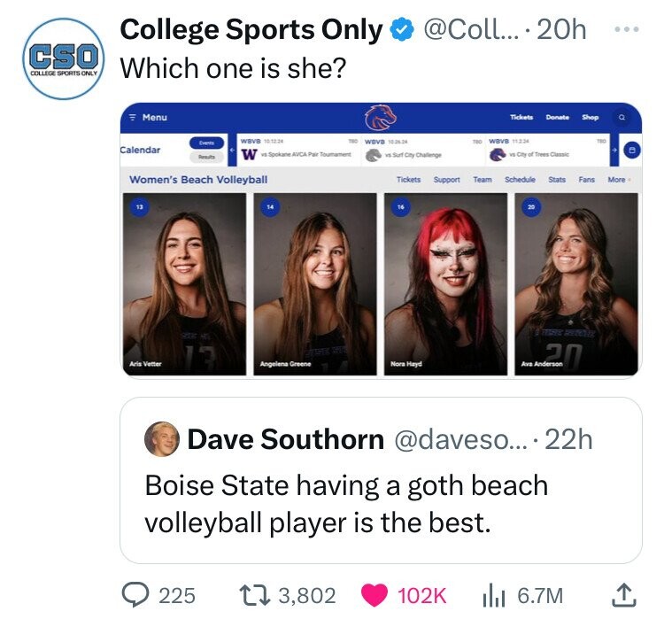 screenshot - College Sports Only .... 20h Cso Which one is she? College Sports Only Menu Tickets Donate Shop Wbvb 24 To Wbvb 11234 okane Avca Pair Toumament vs Surf City Challenge vs City of Trees Classic Tickets Support Team Schedule Stats Fans More Cale