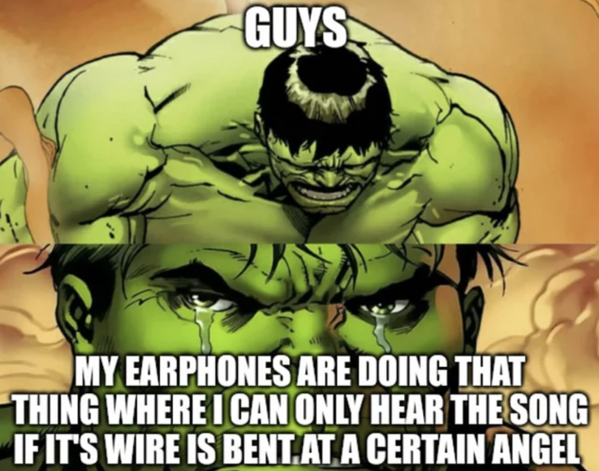 hulk crying - Guys My Earphones Are Doing That Thing Where I Can Only Hear The Song If It'S Wire Is Bent.At A Certain Angel