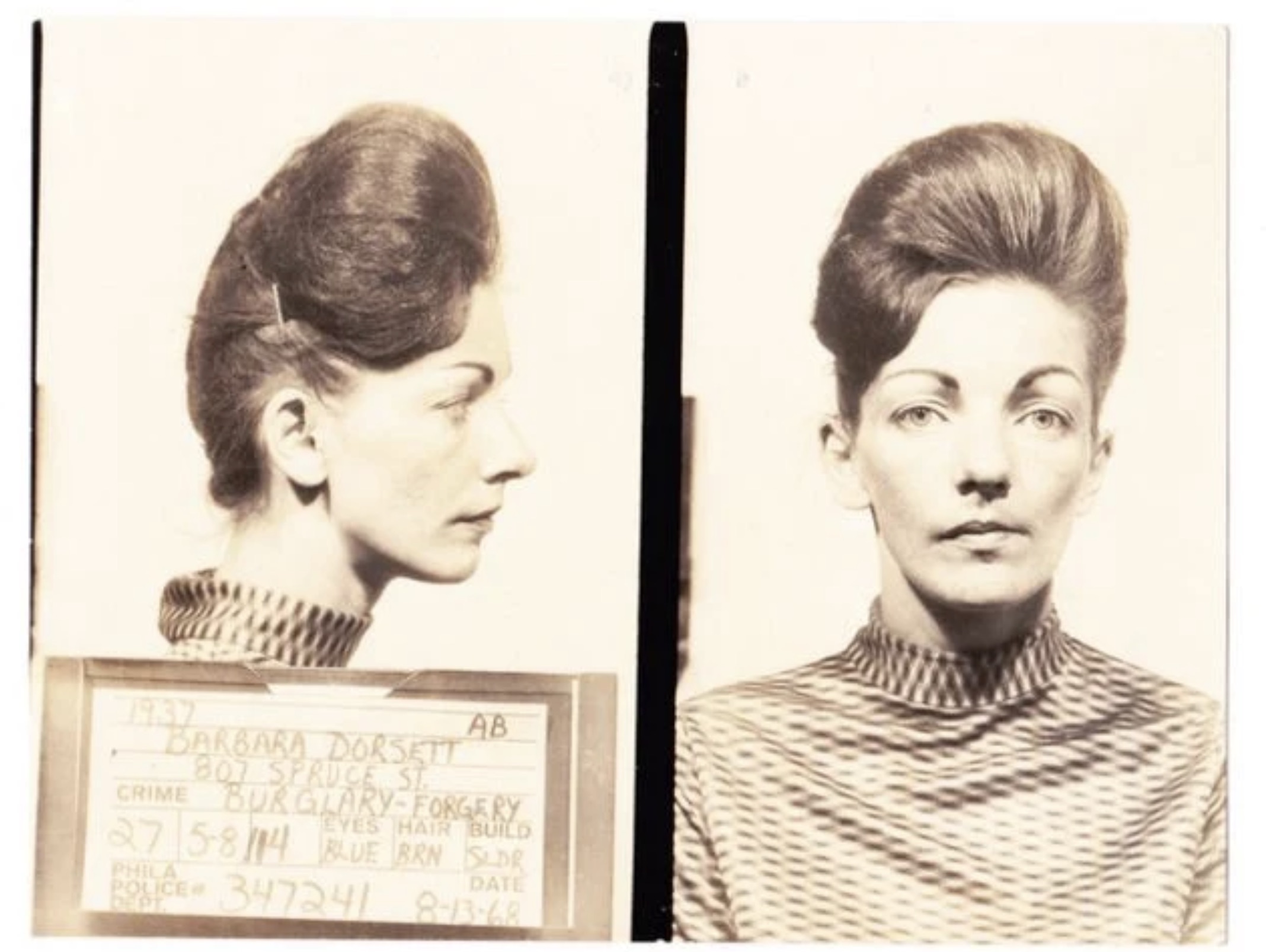 1960 mugshot girl - 1937 Barbara Dorsett 807 Spruce St. Ab Crime BurglaryForgery Eyes Hair Build 275814 Blue Brn Sldr Phila Date Police 347241 81368 Dept.