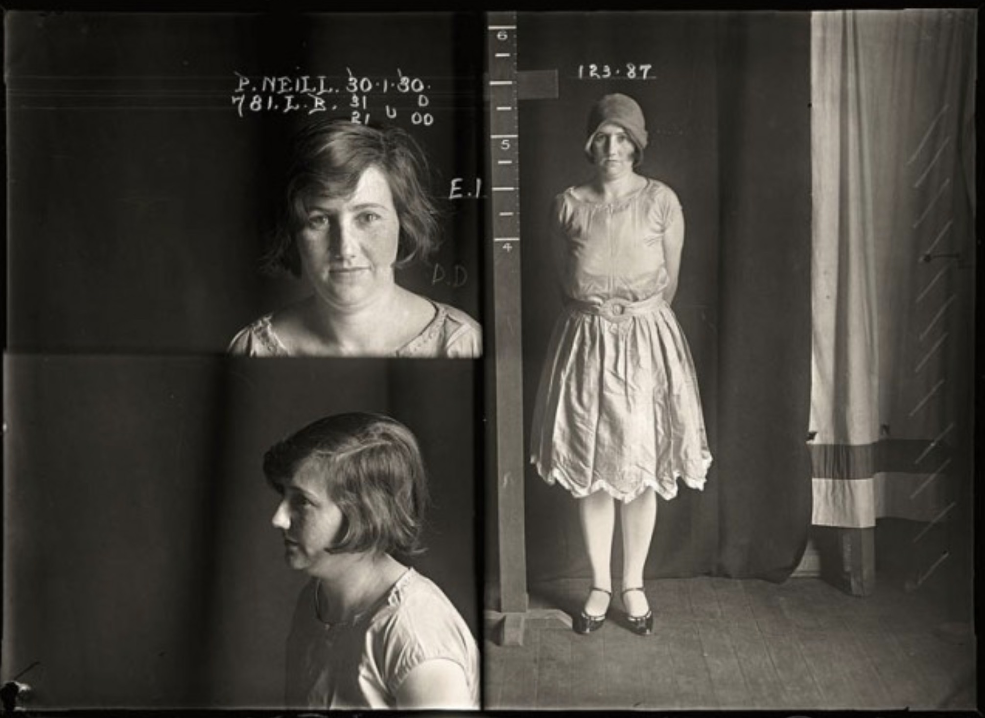 femaile mugshot 1930's - P. Neill. 30.1.30. 781... B. 31 D 21 U00 1|1 E.I P.D 123.87