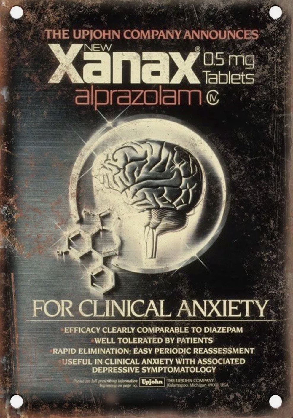 poster - The Upjohn Company Announces Xanax alprazolam 05 mg Tablets For Clinical Anxiety Efficacy Clearly Comparable To Diazepam Well Tolerated By Patients Rapid Elimination; Easy Periodic Reassessment Useful In Clinical Anxiety With Associated Depressiv