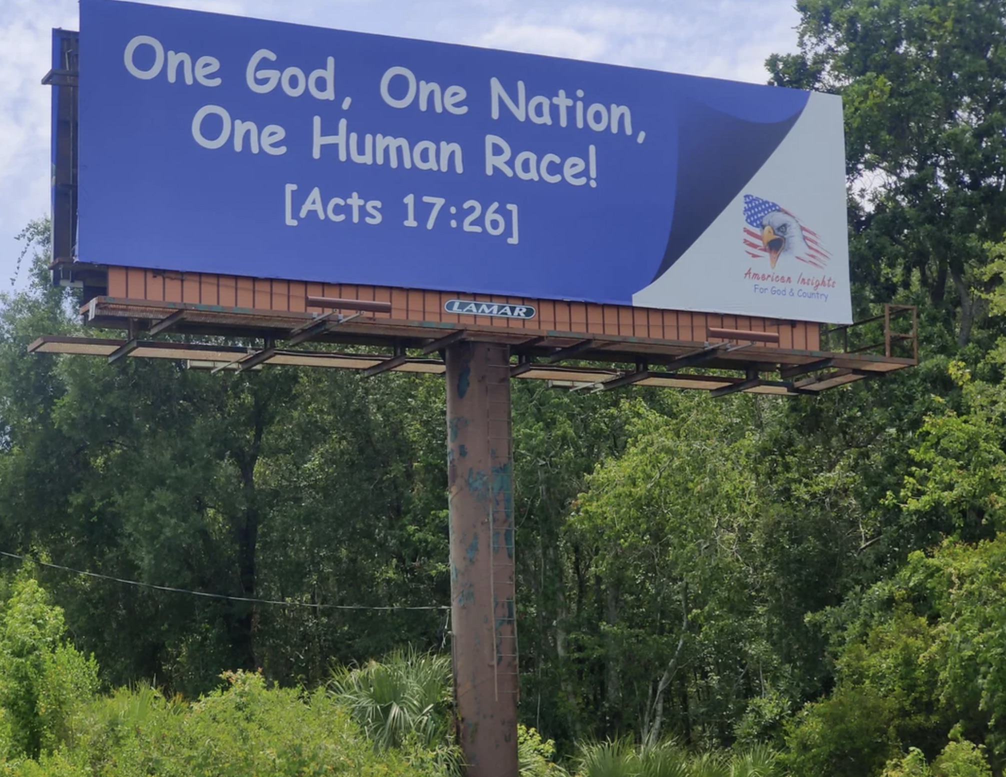 billboard - One God, One Nation, One Human Race! Acts Lamar 111 Al