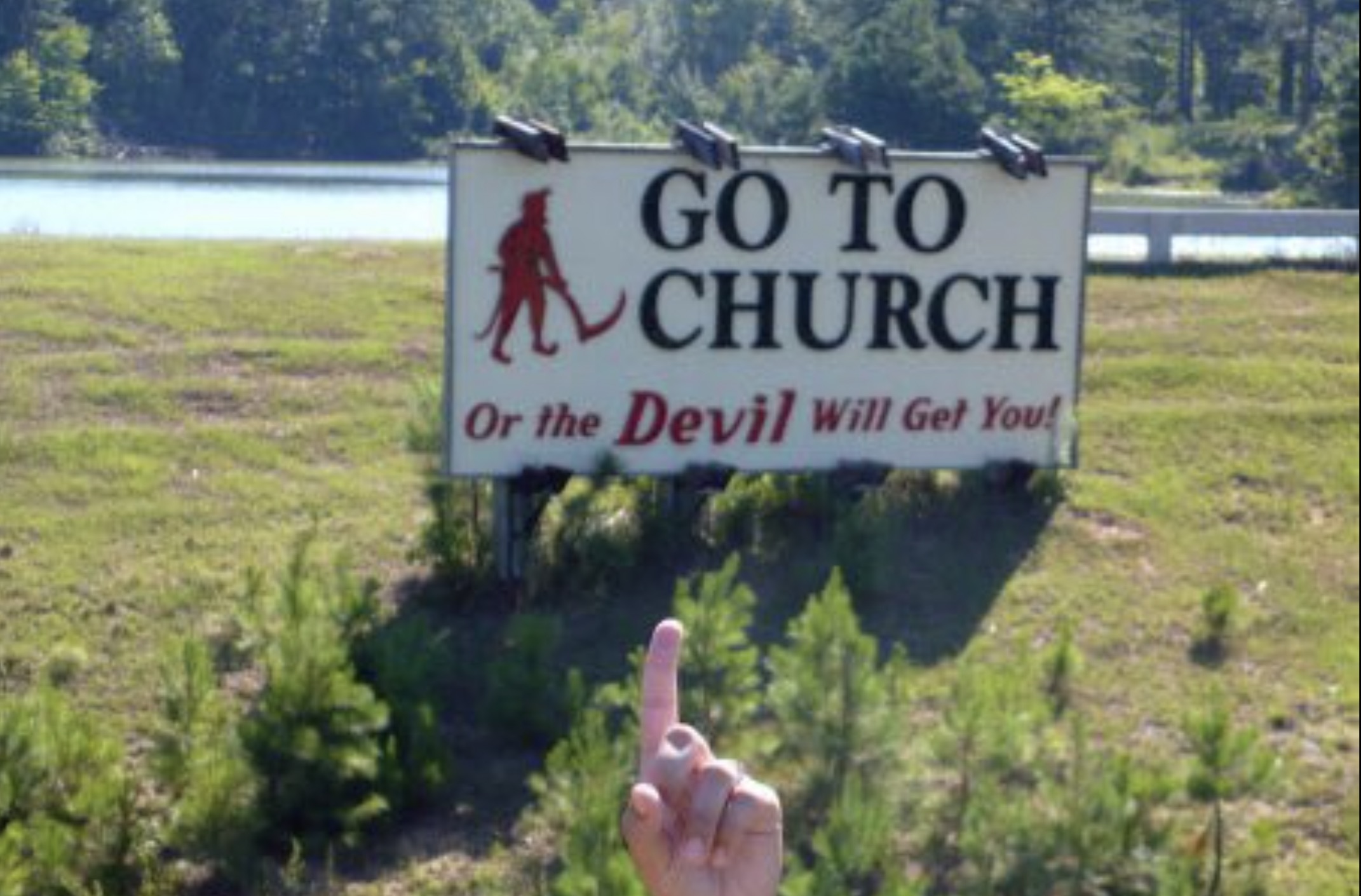 traffic sign - Go To A Church Or the Devil Will Get You!