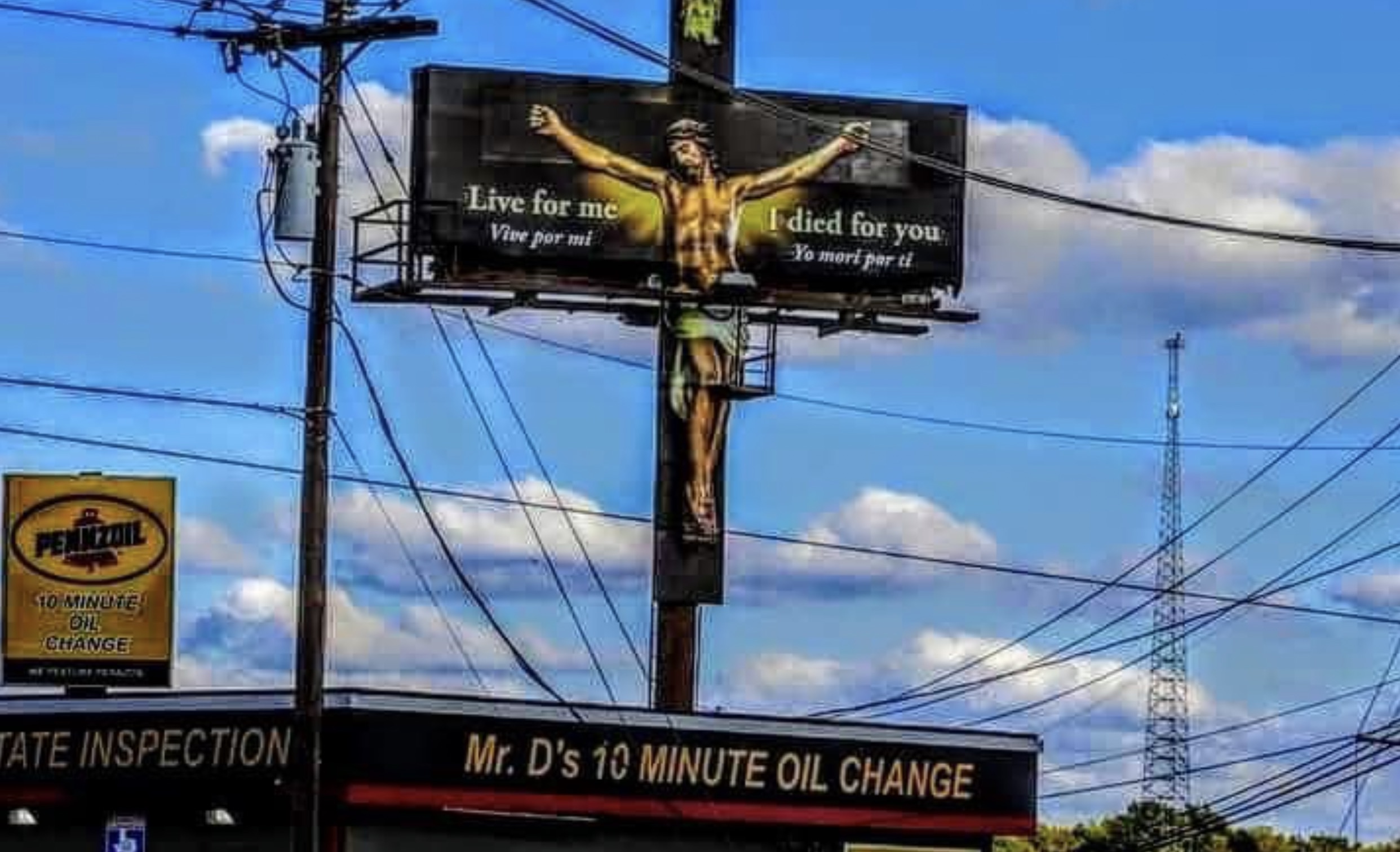 banner - Penzoil 10 Minute Change Tate Inspection Live for me I died for you Vive por mi Yo mori per ti Mr. D's 10 Minute Oil Change