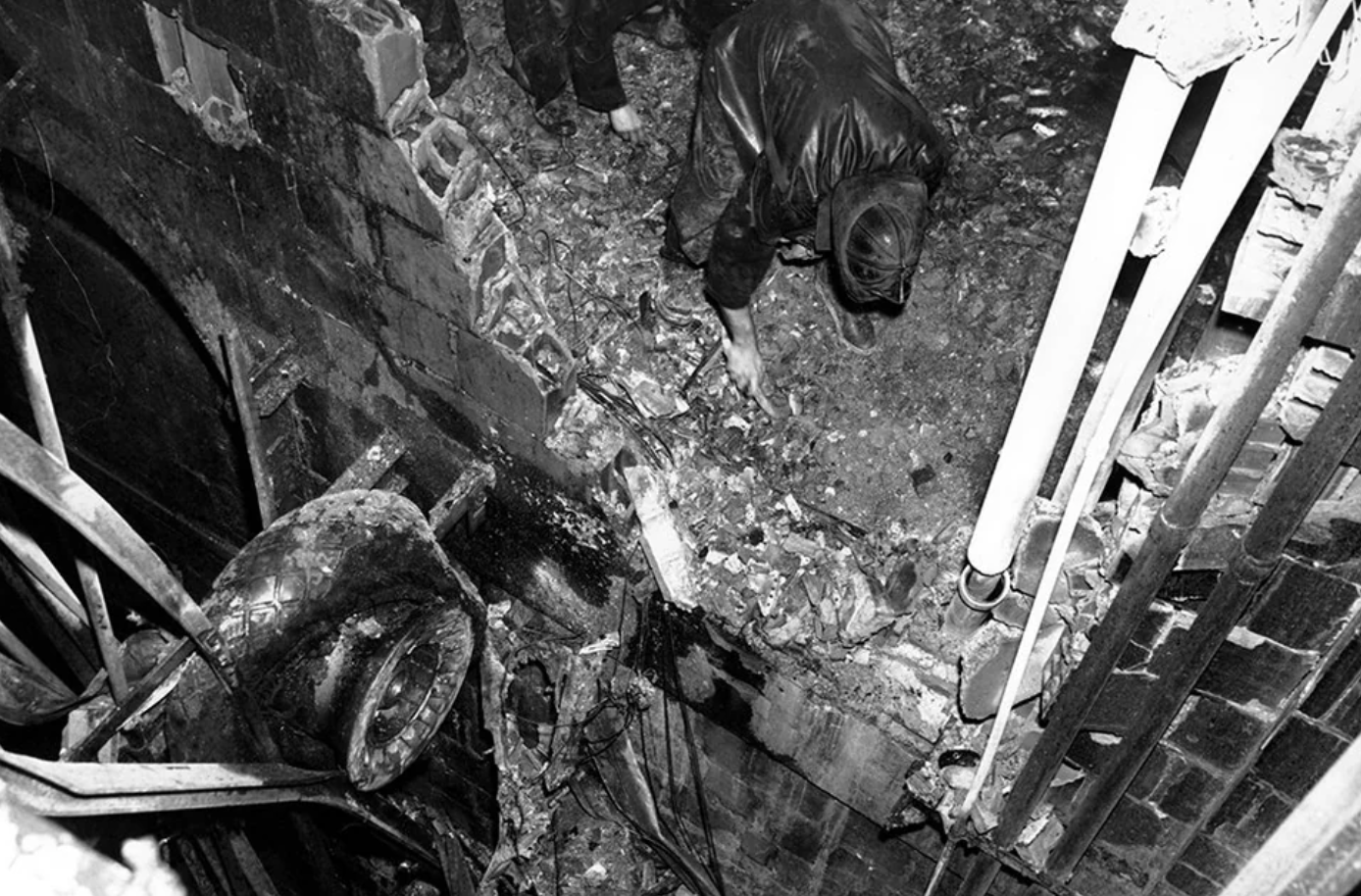 A wheel of the Army B-25 bomber which crashed into the upper part of the Empire State building, lodged in the elevator shaft.