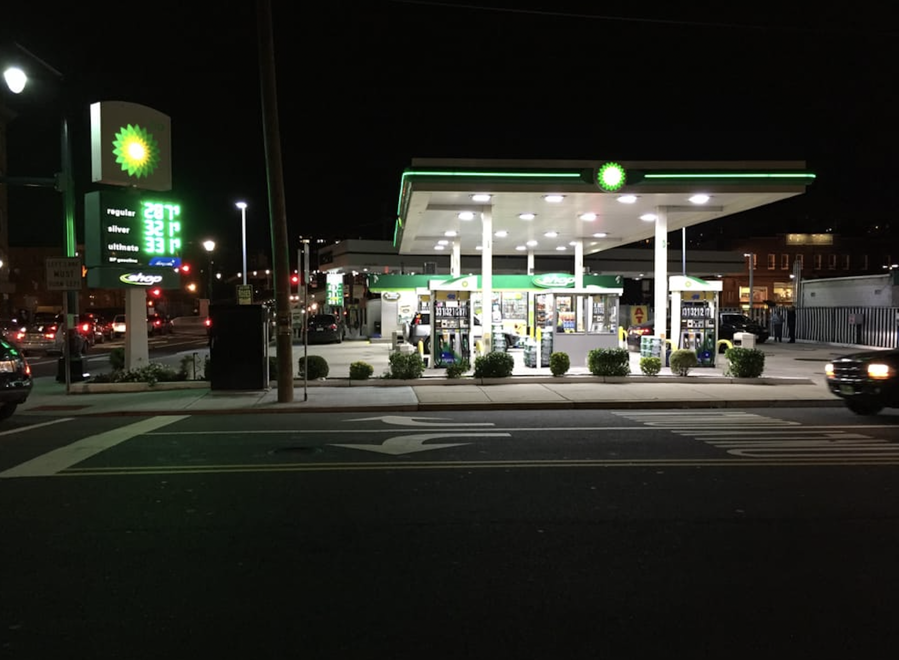 “Some dark street with a lone gas station in Hoboken, NJ.”