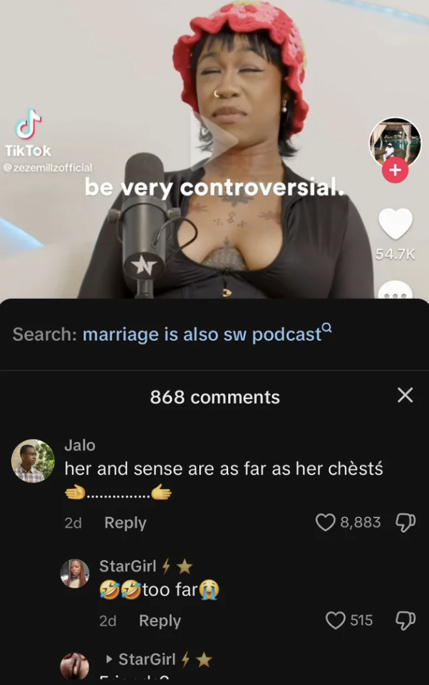 screenshot - Tik Tok zezomitzofficial be very controversial. Search marriage is also sw podcast 868 Jalo her and sense are as far as her chests 2d StarGirl too far 2d StarGirl 8,883 515